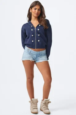 14+ pleated low denim shorts