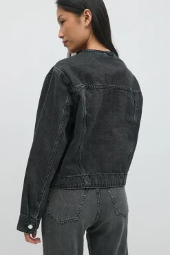 Collarless denim jacket