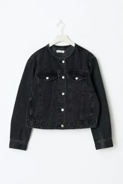 Collarless denim jacket