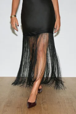 Fringe satin maxi dress